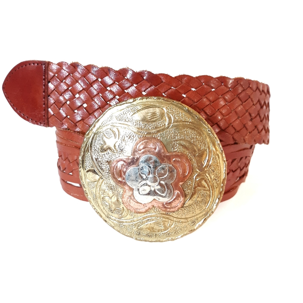 Vintage leather belt with floral hardware